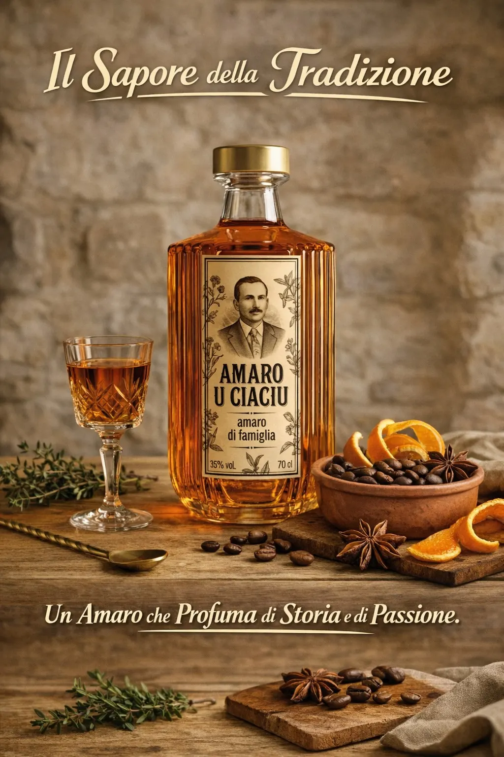 Bottiglia di Amaro U Ciaciu, amaro di famiglia 35% vol, con un bicchiere e scorze d'arancia